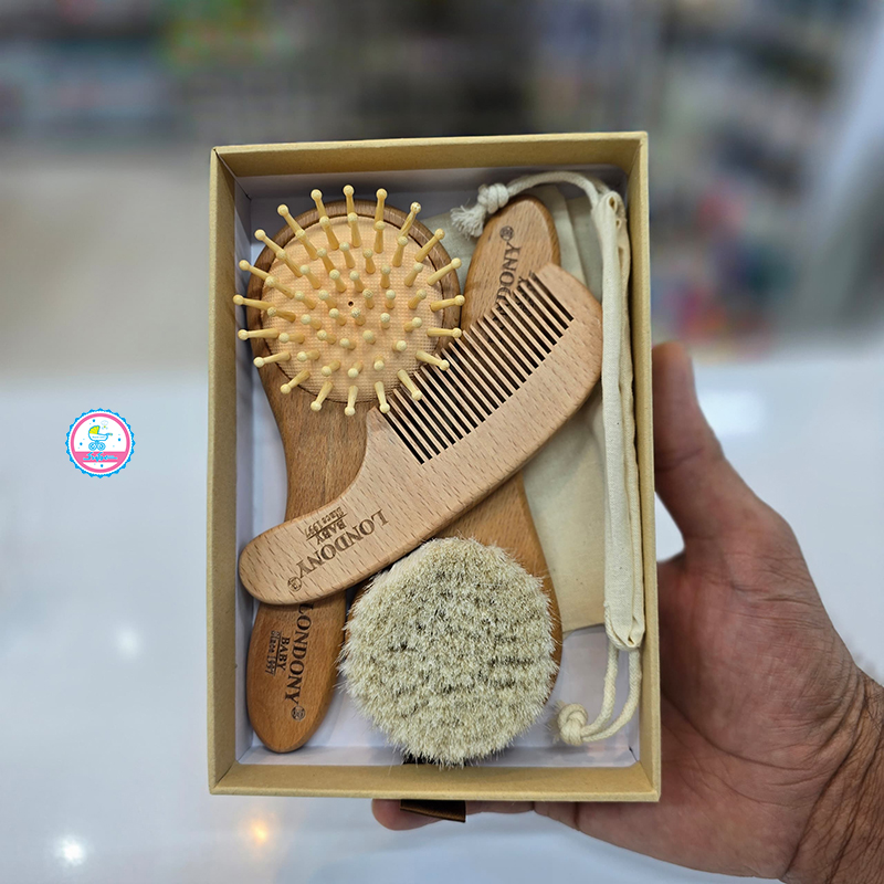 ست شانه برس  نوزاد چوبی ۳ تکه با الیاف طبیعی 